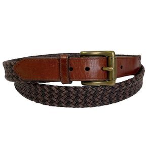 Savane Leather Woven Basketweave Two Tone Brown Belt Solid Brass Buckle Size 44